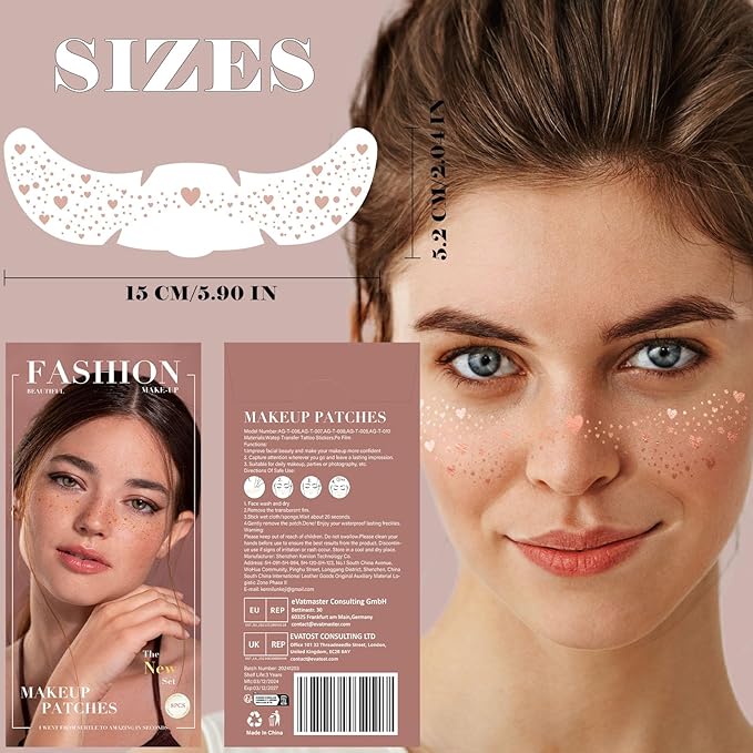 8 Pcs Rose Gold Mixed Shapes Glitter Freckles Face Tattoo, Cute Sparkle Fake Speckles for Women, Freckle Makeup Patches, Face Glow Glitter Party Supplies, Rave Event Festival Accessories for Women