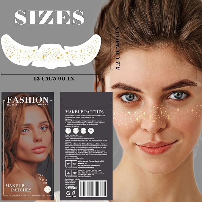 8 Pcs Gold Mixed Shapes Glitter Freckles Face Tattoo, Cute Sparkle Fake Speckles for Girls Women, Freckle Makeup Patches, Face Glow Glitter Party Supplies, Rave Event Festival Accessories for Women
