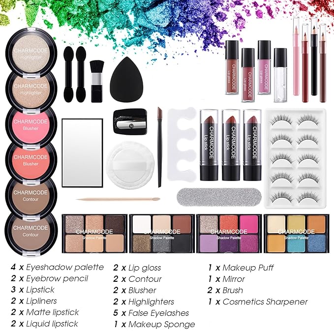 Makeup Kit for Women Full Kit - Eyeshadow Palette, Lipsticks, Lipgloss, Blushes, Contour, Highlighters, Makeup Pencil, False Eyelashes, Re-usable Train Case Gift Set for Teen Girls Starters Pros-VeraVaultWomen