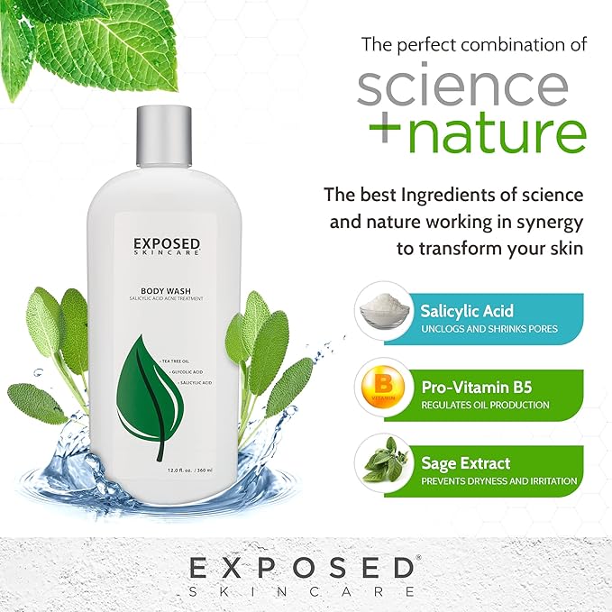 Exposed Skin Care Body Wash - Back and Body Acne Wash with Salicylic Acid and Tea Tree Oil – Exfoliating Bacne Treatment for Clearer, Healthier Skin – Body Cleanser for All Skin Types (12 fl oz)-VeraVaultWomen