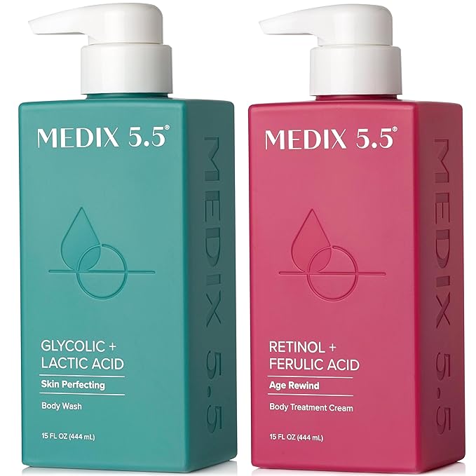 MEDIX 5.5 Exfoliating AHA Glycolic Acid Face & Body Scrub Cleanser + Retinol Moisturizing Body Cream Lotion Skin Care 2PC Set | Alpha Hydroxy Acid & Lactic Acid Foaming Body Wash & Face Wash, 2-PC-VeraVaultWomen