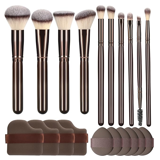 10 Piece Black brown Makeup Brushes and 10 Piece Makeup Sponge – Wooden Handle,with Soft Synthetic Bristles,|Professional Makeup Brushes set for Women & Girls|-VeraVaultWomen