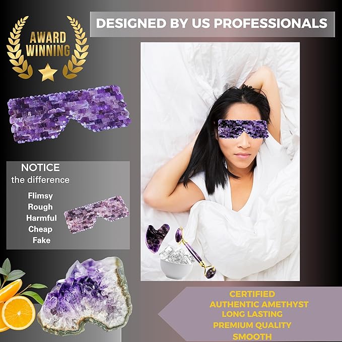 100% Authentic Amethyst Mother's day Gift Set Amethyst Eye Mask Amethyst Jade Roller & Gua Sha Set Facial Mask Instant Puffiness promote relaxation and relief stress.-VeraVaultWomen