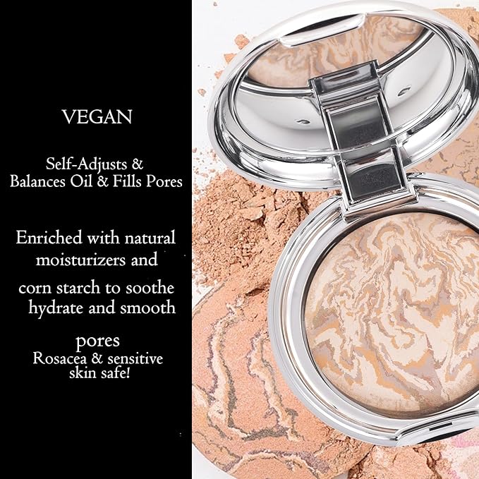 Marbleized Baked Foundation Makeup, Balance and Brighten Color Correcting Powder Foundation - Buildable Light to Medium Coverage - Demi-Matte Natural Finish (#001 FAIR, 0.32 Oz)-VeraVaultWomen
