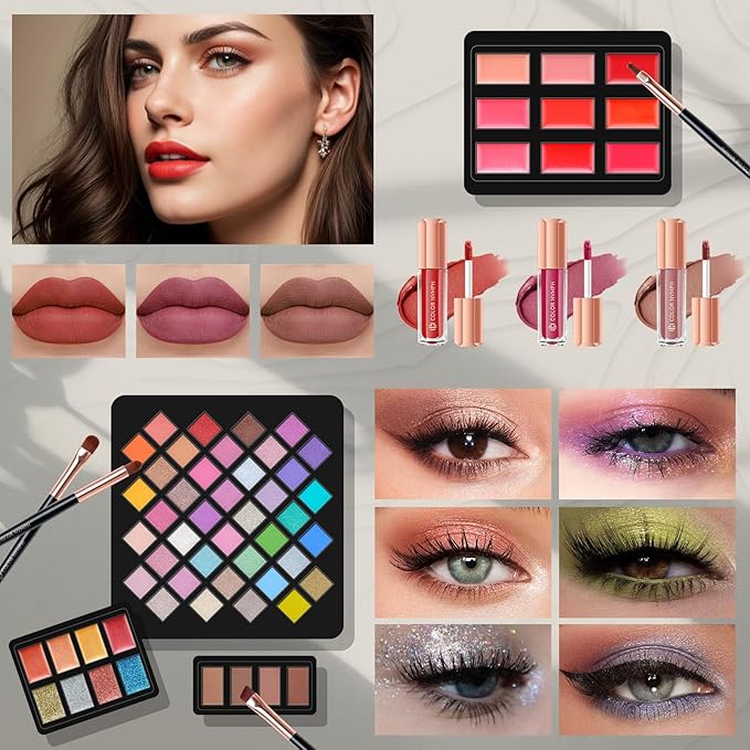 Makeup Kit for Women,All in One Makeup Gift Set for Girls in Cosmetic Train Case (White) With Mirror,Full Cosmetic Kit Includes Eyeshadow Palette,Lipgloss,Blushes,Pencil,Brush Applicators-VeraVaultWomen