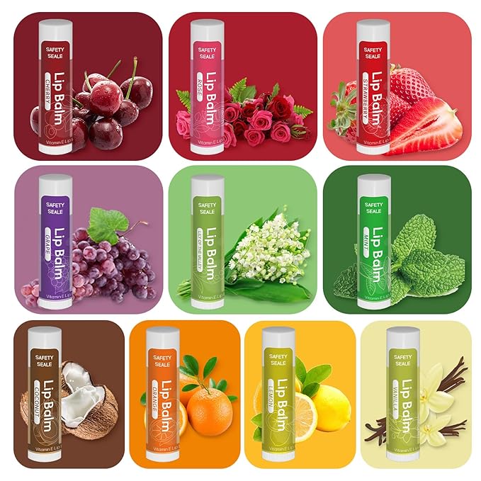 10 Pack Natural Lip Balm Bulk with Vitamin E and Coconut Oil Valentine's Day best choice - Moisturizing, Soothing, and Repairing Dry and Chapped Lips - 10 Flavors - Non-GMO-VeraVaultWomen