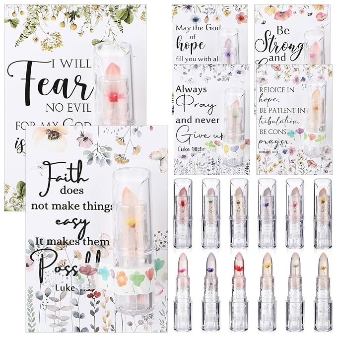 12 Sets Christian Lip Balms with Inspirational Bible Verse Card Bulk Gifts for Women Flower Sign Taste Lip Balm with Tag for Employee Coworker Teacher Family Church Wedding Favor-VeraVaultWomen