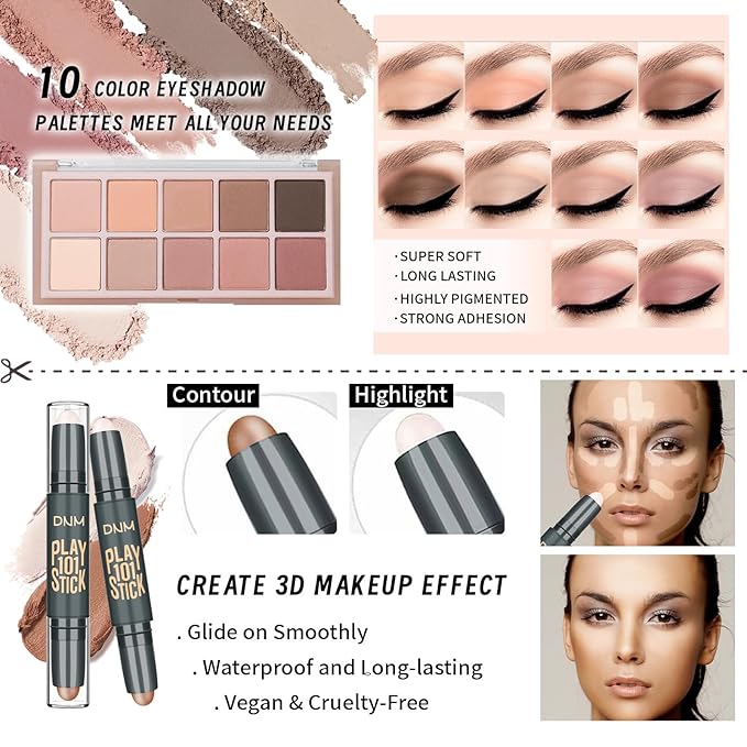 Makeup Kit For Girls Teens Women, Makeup Set, Makeup Present, Includes Eyeshadow Palette, Foundation, Eyebrow Pencil, Eyeliner, Lip Gloss, Counter Stick, Makeup Brush Set Bag & Sponge-VeraVaultWomen