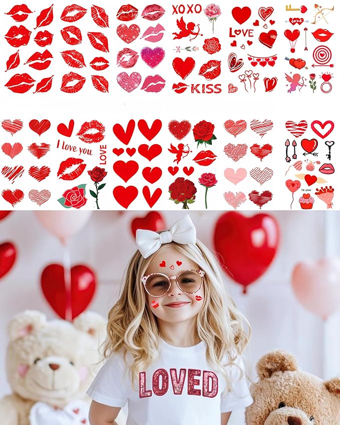 Heart Temporary Tattoos for Kids, 12 Sheets Love Confession Decorations for Classroom Girls Boys School Class Bday, 113pcs Pattern for Festivals and Parties (Red - Love)