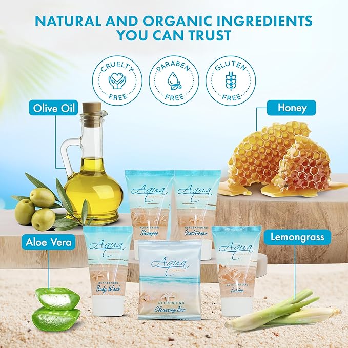 1-Shoppe All-In-Kit|Aqua Organics Amenity Kit|Boxed Hotel Toiletries|Bulk Set 1oz Travel Size Shampoo,Conditioner,Lotion,Body Wash & Bar Soap for Guest Hospitality AirBnB/Vacation Rentals|5 Pieces-VeraVaultWomen