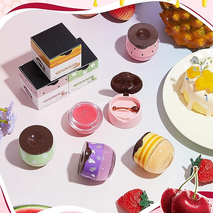 12 Pcs Bee Lip Balm Honey Pot with Brush Propolis Lip Mask Overnight, Moisturizing Hydrating Lip Sleeping Mask Prevention Dry and Cracked(Honey+Peach+Grape+Strawberry+Apple Lime+Mint)-VeraVaultWomen