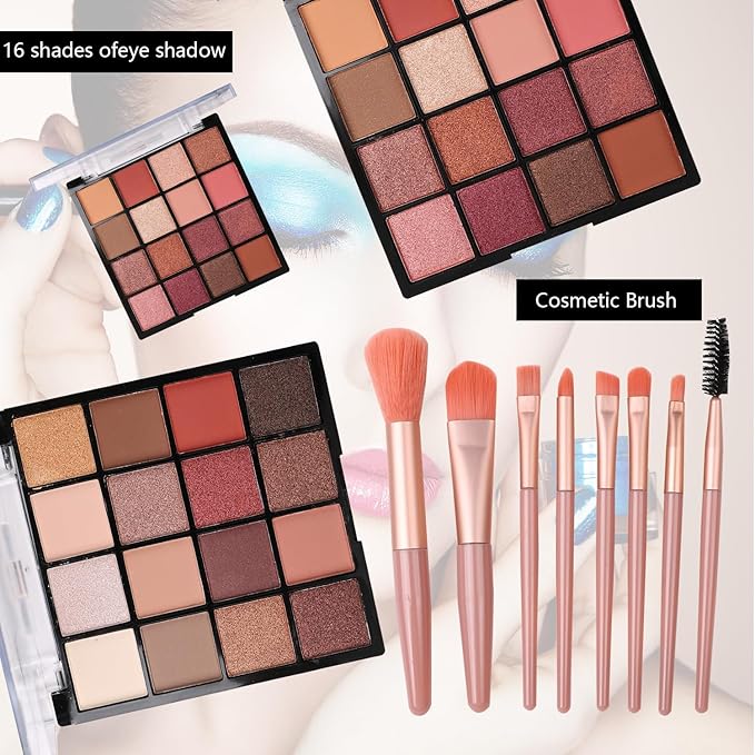 Makeup Kit for Teen Girls,All in One Makeup Kit for 2X16 Colors Eyeshadow Liquid Foundation Eyeliner Pencils Contouring Stick Lip Gloss Eyebrow Pencils 8Pcs Makeup Brushes etc (rainbow)-VeraVaultWomen