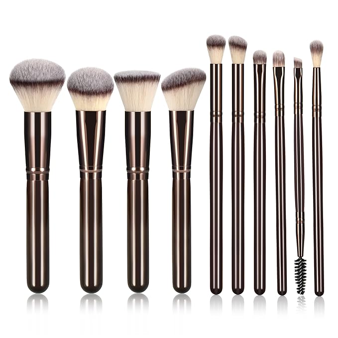 10 Piece Black brown Makeup Brushes - Wooden Handle with Soft Synthetic Bristles,for Face & Eye Makeup|Professional Makeup Brushes set for Women & Girls|-VeraVaultWomen
