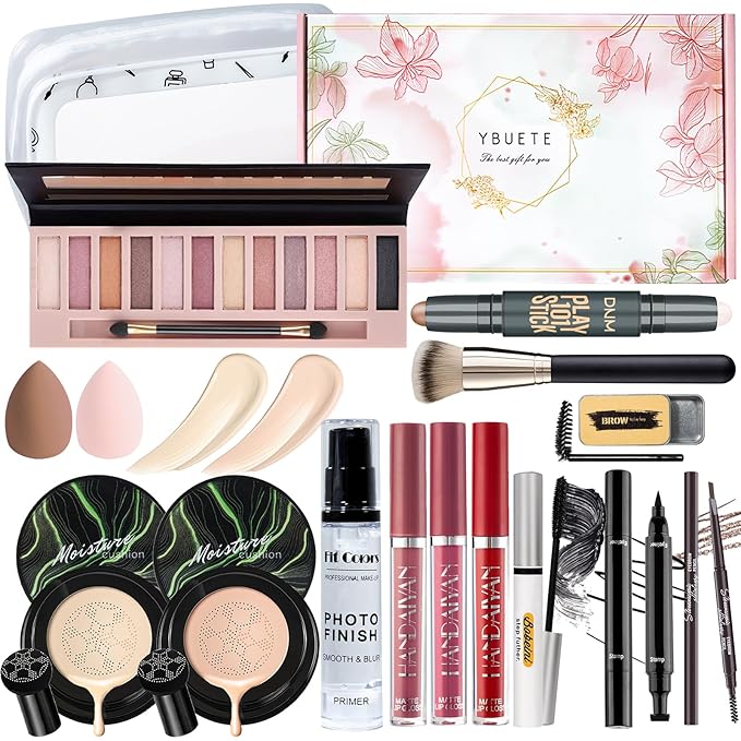 Makeup Kit Set for Women, Makeup Present for Women Teen Girl, Eyeshadow CC Cream Foundation Face Primer, Makeup Brush Sponge, Lipstick, Eyebrow Soap Pencil Mascara Eyeliner Cosmetic bag-VeraVaultWomen