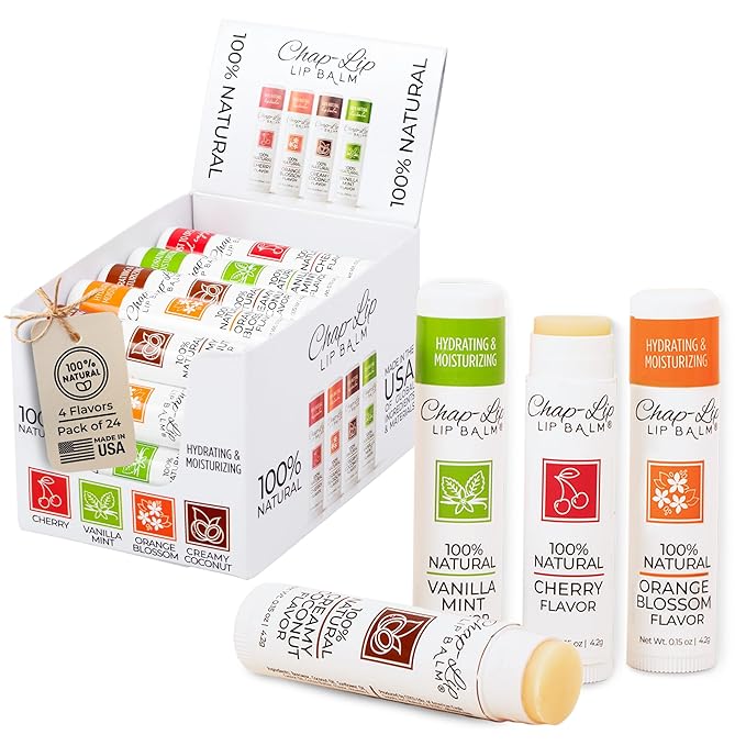 100% Natural Lip Balm Set - Hydrating and Moisturizing Beeswax Natural 4 Flavor Assortment - Lip Moisturizer for Dry Lips - Cocoa Butter - Petroleum Free Pack of 24-VeraVaultWomen