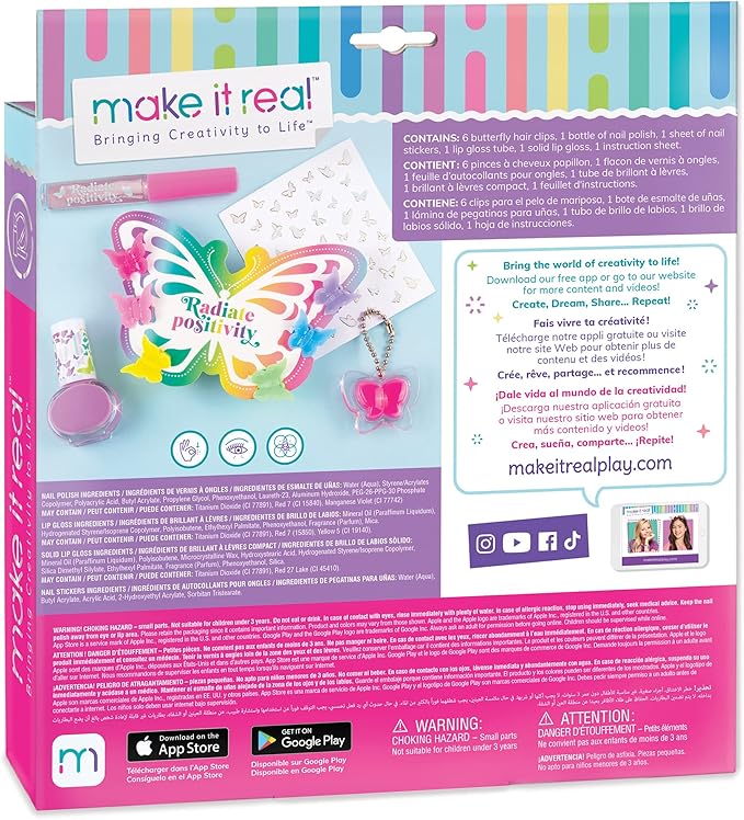 Make It Real: Butterfly Dreams Cosmetic Set - 11 Pieces, Tweens & Girls, Includes 6 Butterfly Hair Clips, Polish, Nail Stickers, 2 Lip Gloss & Instructions, Butterflies, Makeup & Beauty, Kids Ages 8+-VeraVaultWomen
