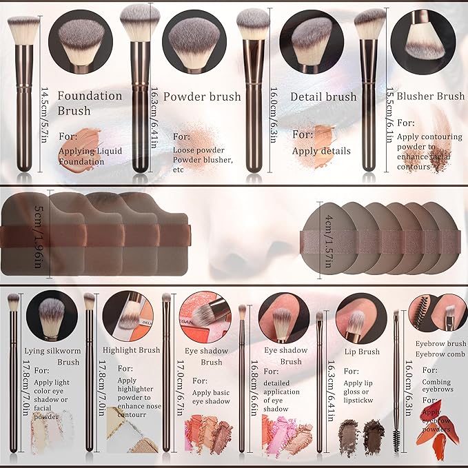 10 Piece Black brown Makeup Brushes and 10 Piece Makeup Sponge – Wooden Handle,with Soft Synthetic Bristles,|Professional Makeup Brushes set for Women & Girls|-VeraVaultWomen