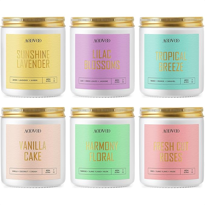 AOOVOO Scented Candles Set - 6 Pack Candles for Home Scented, Lavender/Lilac/Vanilla/Floral/Rose/Breeze, Soy Candle Gifts for Women, 42 oz, 300 Hours Burn Time