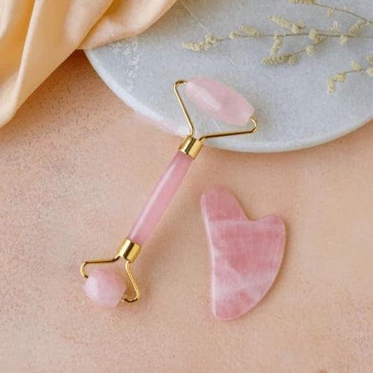 Rose Quartz Roller and Gua sha Set | Reduces Wrinkles, Fine lines and Dark Circles | Pink Jade Roller | Anti-aging Massager for Skin Toning and Tightening for Face, Eyes, Neck-VeraVaultWomen