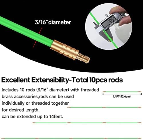 14FT Fiberglass Running Electrical Wire Glow Rods Wire Pulling with 8 Different Attachments, Fish Rods Electrical Kit and Fish Tape Wire Puller