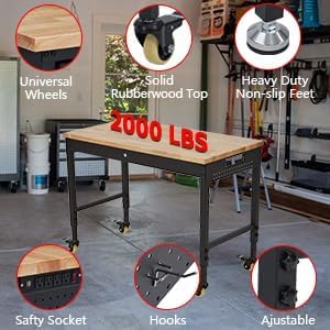 60" Workbench, Heavy Duty Adjustable Height Table with Power Outlets, Portable Garage & Workshop Work Bench, 2000 LBS Capacity, Office, Home Use, Easy Assembly, Multipurpose Utility Table