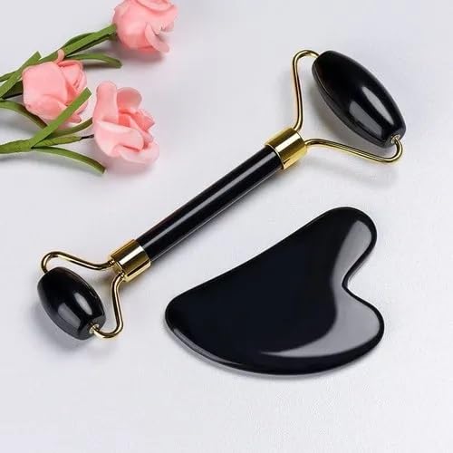 Black Obsidian Jade Facial Roller & Gua Sha Set 100% Natural Source from Highest Altitude of Himalayan Two-Sided Face Neck Massager Stone Beauty Tool-VeraVaultWomen