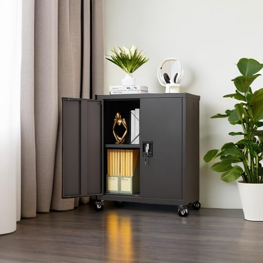 GREATMEET Metal Storage Cabinet with Locking Doors and Adjustable Shelves,31.5" H Lockable Rolling Garage Storage Cabinets with Wheels for Office,Home,Garage,Classroom Black