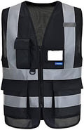 A-SAFETY 7 Pockets Hi Viz Zipper Front Working Safety Vest with Reflective Strips, Multiple Colors Available, Black S