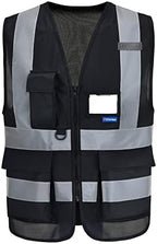 A-SAFETY 7 Pockets Hi Viz Zipper Front Working Safety Vest with Reflective Strips, Multiple Colors Available, Black S