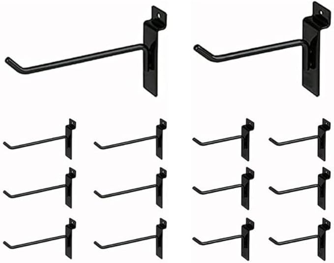 KINGDOM SOLUTIONS – 12-Pack Black Metal Slatwall Hooks (6X 4, 6X 6) – Heavy-Duty Slat Wall Accessories for Garage Organization, Retail Displays & Tool Storage Systems