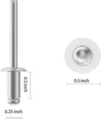(65Pcs) 1/4" x1/2" Aluminum Blind Rivets, 6.3 x 12mm Pop Rivets,Rivets for Metal,Silver-(VG10113)