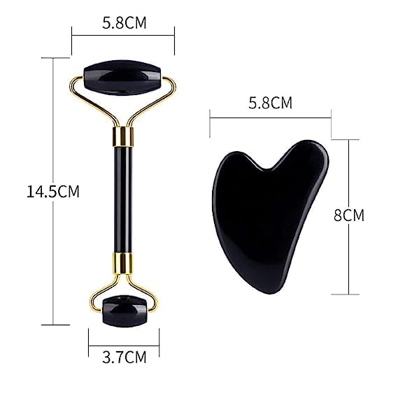 Black Obsidian Jade Facial Roller & Gua Sha Set 100% Natural Source from Highest Altitude of Himalayan Two-Sided Face Neck Massager Stone Beauty Tool-VeraVaultWomen