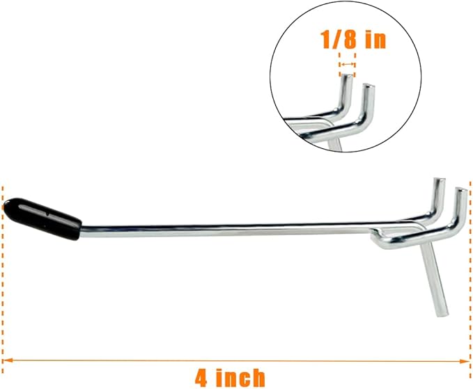 L Shape Pegboard Hooks, 4 Inch 50-Pack, Sturdy Galvanized Metal, Suitable for 1/4 and 1/8 Inch, Rubber Tipped, For Garage, Office, Kitchen, Store (Silver)