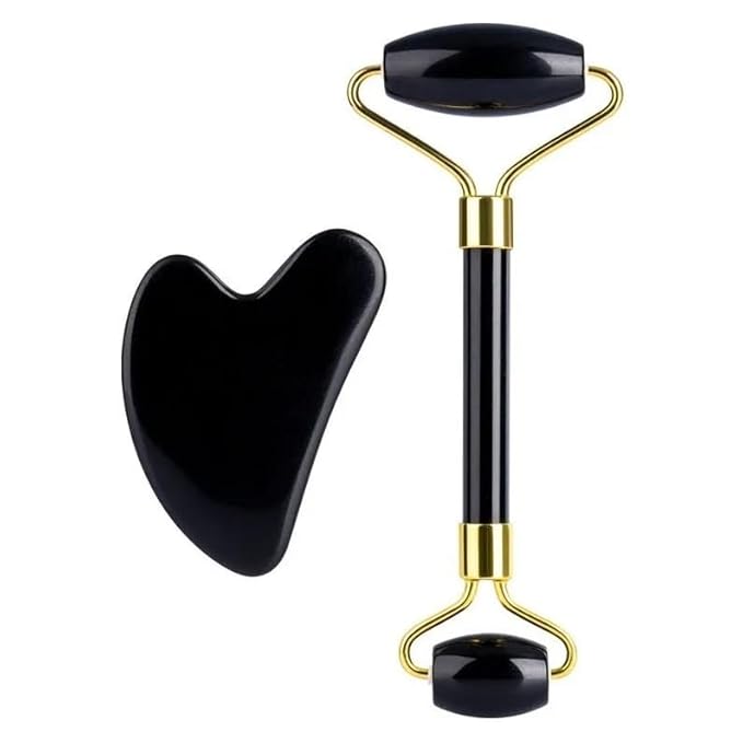 Black Obsidian Jade Facial Roller & Gua Sha Set 100% Natural Source from Highest Altitude of Himalayan Two-Sided Face Neck Massager Stone Beauty Tool-VeraVaultWomen