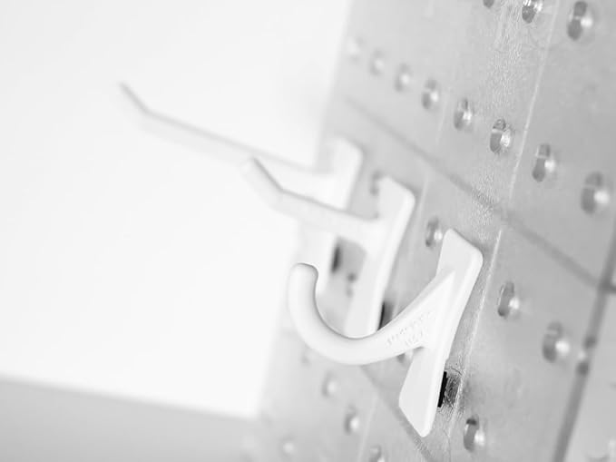 PegPro® J, 1", 2" Hooks Kit for Modern Plastic or Metal Pegboard – Durable Plastic Pegboard Hooks - For Garage, Kitchen, Craft Room, and more (J, 1", 2" Hooks - 50 Pack, White)