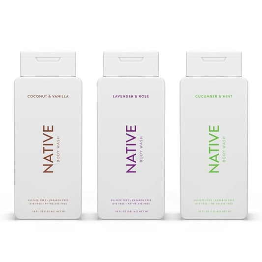 Native Body Wash Contains Naturally Derived Ingredients | for Women & Men, Sulfate, Paraben, & Dye Free Leaving Skin Soft & Hydrated |Coconut & Vanilla, Lavender Rose, & Cucumber Mint, 18 oz Pack of 3-VeraVaultWomen