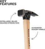 Klein Tools H80920H Milled Face Framing Hammer with Straight Claw, 20-Ounce Forged Steel, Hickory Handle, California Framing Style, Magnetic Nail Starter, and Extra-Large Squared Strike Face