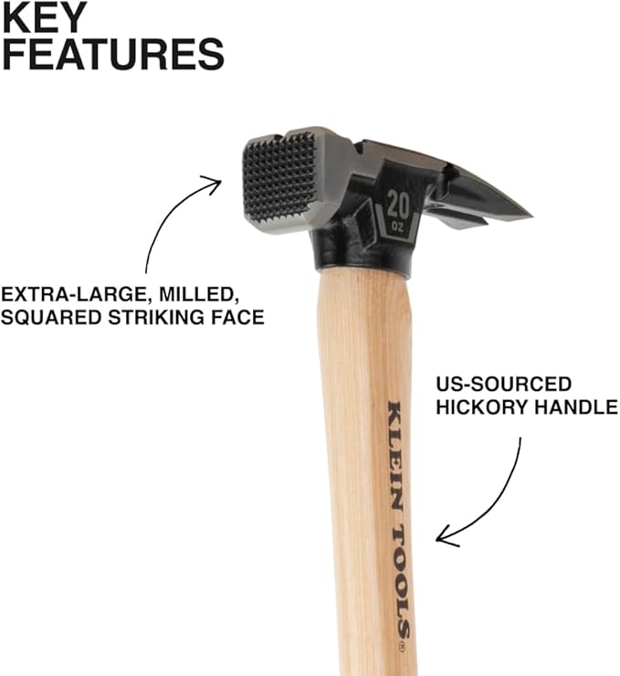 Klein Tools H80920H Milled Face Framing Hammer with Straight Claw, 20-Ounce Forged Steel, Hickory Handle, California Framing Style, Magnetic Nail Starter, and Extra-Large Squared Strike Face