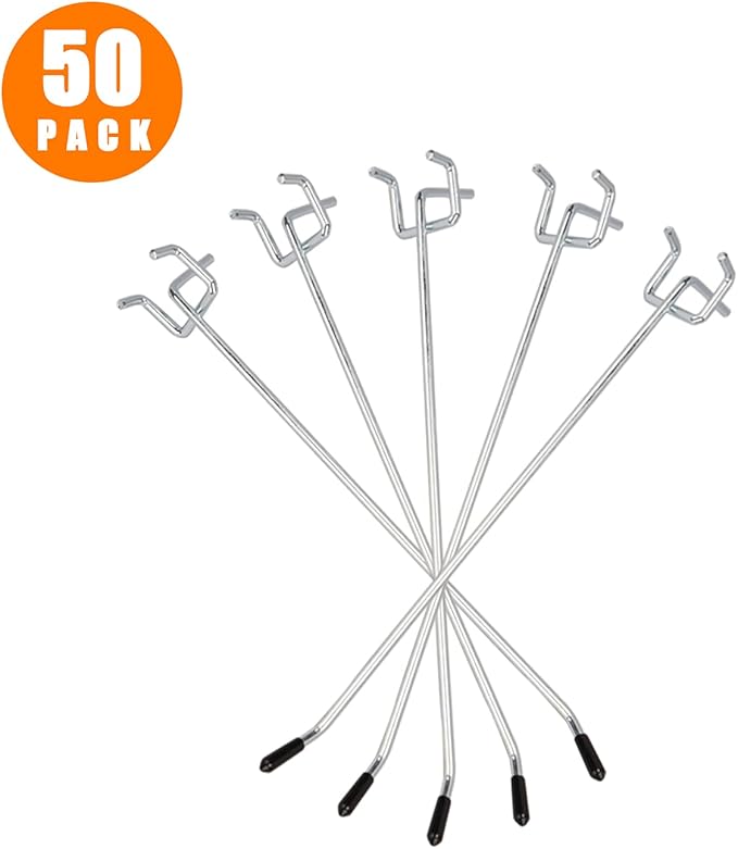 Pegboard Hooks, 6 Inch 50-Pack,Sturdy and Durable L Shape Galvanized Metal suitbale for 1/4 and 1/8 Pegboard Hooks with Rubber Tipped,Pegboard Hooks for Garage,Office,Kitchen,Store(Silver)