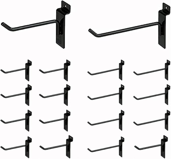 KINGDOM SOLUTIONS – 16-Pack Black Metal Slatwall Hooks (8X 4, 8X 6) – Heavy-Duty Slat Wall Accessories for Garage Organization, Retail Displays & Tool Storage Systems