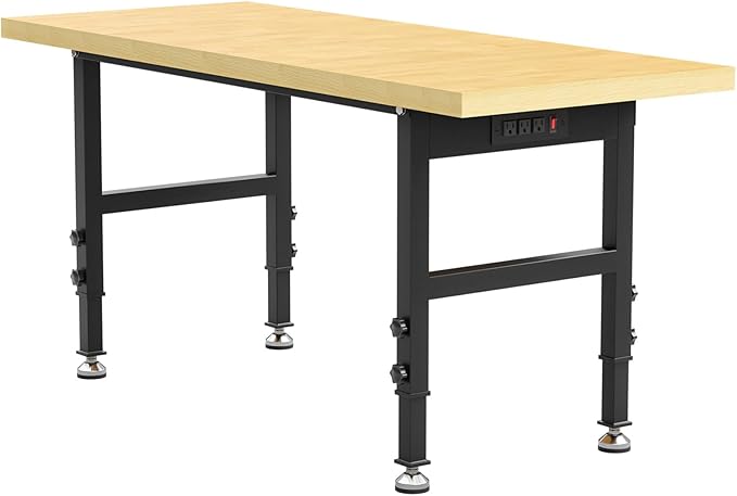 60” Wood Work Bench Work Table, Heavy-Duty Adjustable Workbench with Power Outlets, 3000 Lbs Capacity Tool Bench Workstation for Garage, Workshop