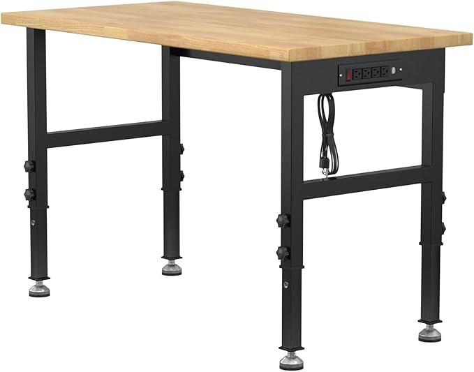 48" Adjustable Workbench,Heavy-Duty Work Table,3000 LBS Load Capacity Hardwood Workstation Outlets with Power Strips and Fixed feet,for Workshop, Garage