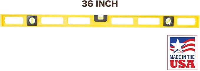 Mayes 10100 Polystyrene 3 Foot Level, 36 Inch Level Made in the USA, Contractor, Plumber, and Carpenter Tools, Impact Resistant Frame, Three Vials, Accurate to .001 Inch, Won’t Scratch Work Surfaces