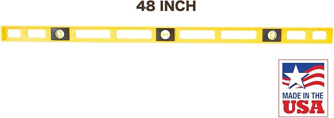 Mayes 10102 Polystyrene 4ft Level, 48 Inch Level Made in the USA, Contractor, Plumber, and Carpenter Tools, Impact Resistant Frame, Three Vials, Accurate to .001 Inch, Won’t Scratch Work Surfaces