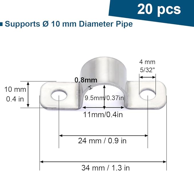 3/8 Inch Stainless Steel Conduit Clamps 2 Hole Pipe Clamps U Pipe Bracket Conduit Fixing Clips, Universal Clamp for Cylindrical Components - Fits OD 10 mm (Approx.3/8") | 20 Pcs