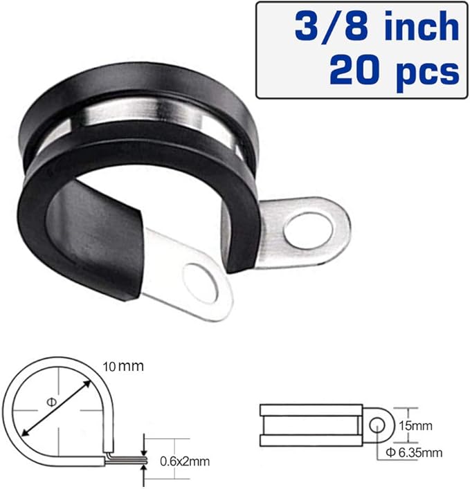 HOLYBEAR 3/8 Inch Stainless Steel Cable Clamp, Rubber Insulated Metal Conduit Wire Holder Strap Clips for Pipe, Tube, Hose Bracket (10mm, 20pcs)