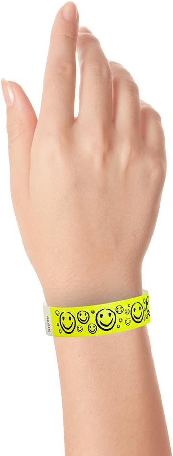 200 WristCo Yellow Smiley Face Tyvek Wristbands for Events - ¾” x 10” - Waterproof Recyclable Comfortable Tear Resistant Paper Bracelets Wrist Bands for Concerts Festivals Admission Party