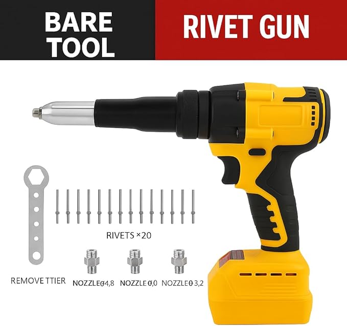 Cordless Rivet Gun Compatible with DeWALT 20V Battery: Electric Pop Rivet Gun with 3 Size(1/8'',5/32'',3/16") Aluminum Rivets,Brushless Riveters Gun Tool Kit for Metal,Plastic,Leather(No Battery)