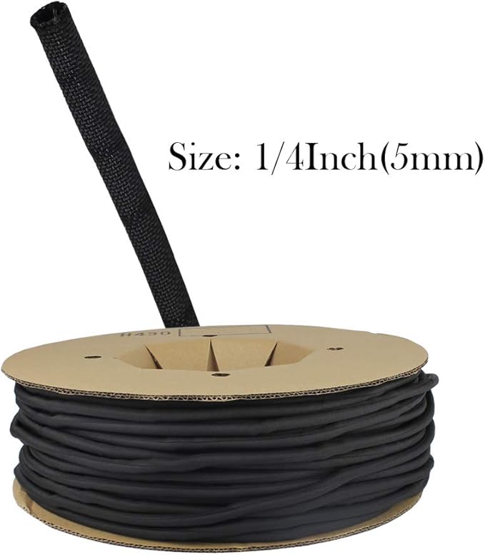 Black Braided Cable Management Sleeves Wire Loom Tubing Cord Protector Self-Wrapping (1/4"-30Feet)