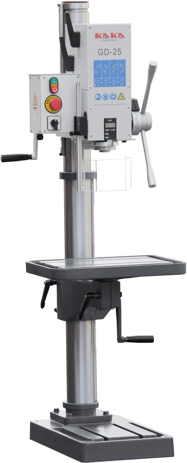 KAKA INDUSTRIAL Floor Drill Press, 0.9kW 220V 3-Phase Gear Head, 8-Speed (130-3200 RPM), Cast Iron Benchtop, 25mm GD-25 Steel Drilling and Milling, MT3 Taper, DRO Depth Control